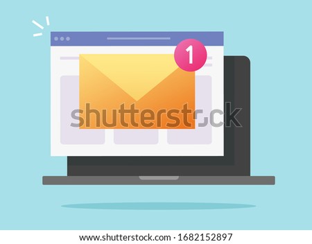 New email or electronic mail notification vector message on laptop computer or inbox incoming notice on pc screen flat cartoon illustration, concept of digital or internet letter icon modern design