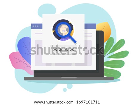 Face identification id online on laptop computer or web facial recognition security and password login on pc vector flat, personal identity detection verification scan, biometric security protection