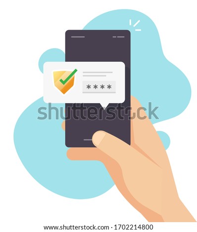 Password code verification security protection for authorization notice on mobile phone or digital secure access push notification message on cellphone vector flat cartoon, smartphone authentication