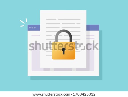 Web document secure confidential online access on internet website vector isolated or digital privacy lock protection on text file flat icon, concept of private secret electronic data padlock modern