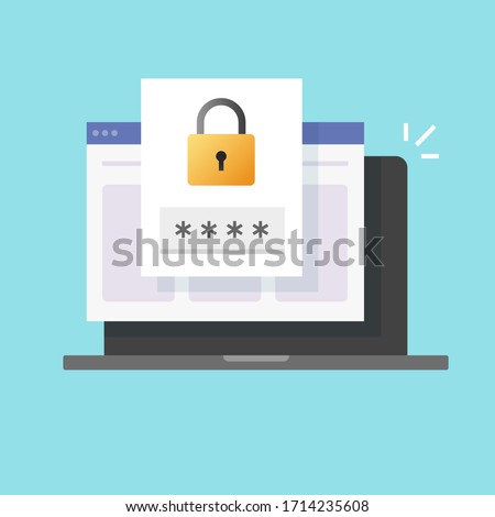 Password security access website notice on laptop computer isolated icon or verification code web internet notification on pc screen for authentication vector flat illustration, private authorization