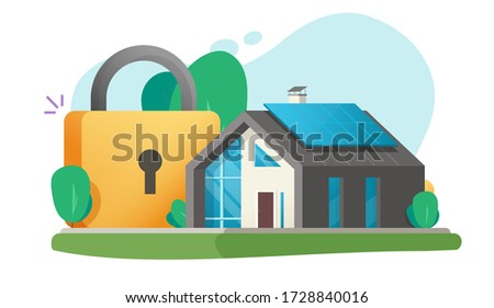 Home and house secure protection insurance concept vector as protected with lock security safety system flat illustration, apartment smart guard or defence padlock modern design