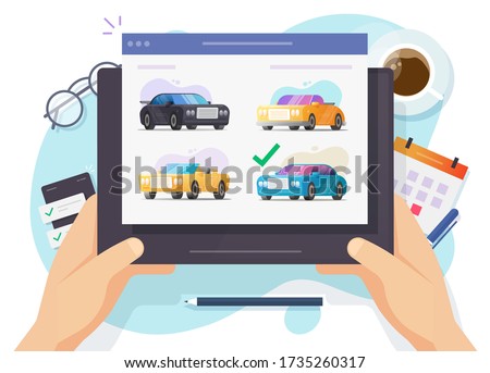 Auto and car auction online website or rental vehicle internet shop comparison website with choosing automobiles on digital tablet computer vector flat, concept of buying or selling web store
