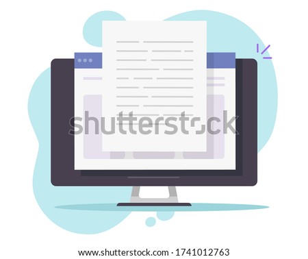 Writing text document content online vector on desktop computer or creating essay or book on pc flat cartoon illustration, copywriting or web text file editing concept, reading blog article idea