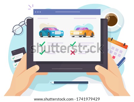 Vehicle auto rental comparing and choosing features online shop website or auto and car web digital auction with automobiles review and history details, concept of buying or selling internet store