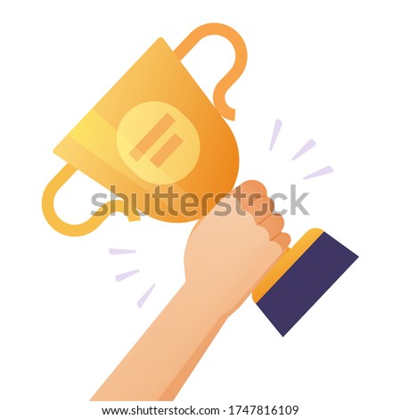 Winner success award gold cup vector or champion person holding in hand prize achievement reward trophy flat cartoon isolated on white background