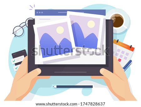Photo picture online album and digital gallery watching on website or internet electronic photography images files on digital tablet computer network vector flat cartoon illustration