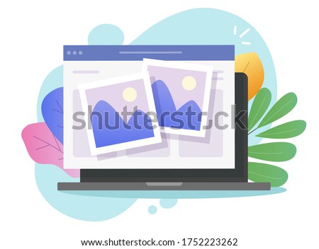 Photo picture online album and digital gallery watching on website or internet electronic photography images files on pc laptop computer network vector flat cartoon illustration