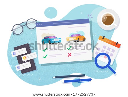 Vehicle auto rental comparing and choosing features online store website or auto and car web digital internet auction shop with automobiles review and history details, concept of buying or selling