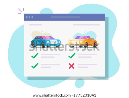 Vehicle auto rental comparing and choosing features online web store or auto and car digital internet auction shop with automobiles review and history details, concept of buying or selling icon