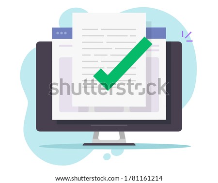 Confirmed online document file check approval.  Desktop or pc computer quality control of text writing,  flat vector,. Digital accepted or certified license document concept