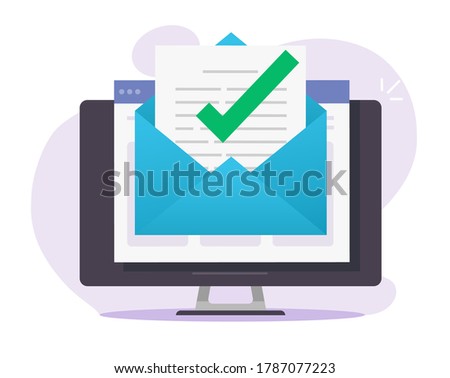 Approved email message check mark notice in document online on desktop computer or digital mail letter success confirmed application icon flat, concept of subscription newsletter or verified doc