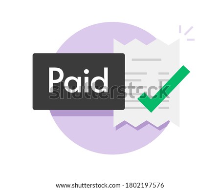 Paid bill invoice icon vector status button of success completed payment flat symbol, concept of valid verified pay notice notification with check mark receipt, money payout done