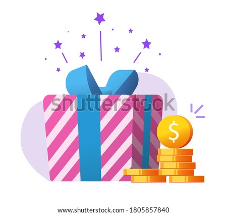 Money gift as charity donation, bonus reward prize, jackpot lucky win present vector, idea of cashback or cash coins, concept of discount certificate surprise, giveaway promotion sale marketing