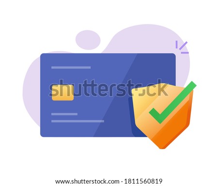 Credit bank card identity protection secure online vector concept, flat cartoon online money insurance fraud check shield service, digital cash security phishing risk safety icon