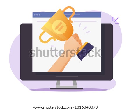 Web digital award online on internet vector, electronic website winner prize achievement, victory golden cup trophy flat cartoon, concept of championship competition gift, contest challenge win