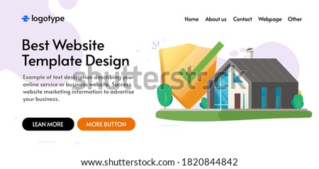 Home house secure insurance protection shield concept website template mockup design, internet digital protected system lock security safety guard defence web banner layout vector flat