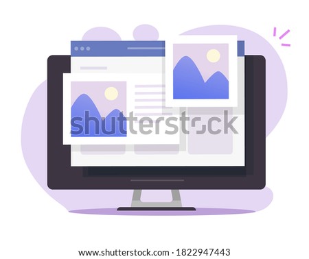 Digital picture image gallery watching on photo album online using desktop computer, pc with internet web electronic photography images web files vector flat cartoon illustration