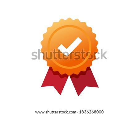 Golden rosetted award medal with check mark tick label, concept of premium quality or recommended certificate icon, idea of guaranty or warranty badge, approved check mark ribbon 