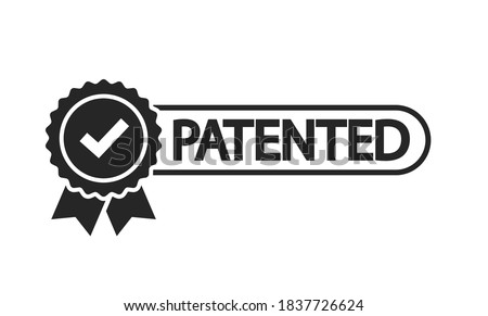 Patent stamp badge icon vector black and white, successfully patented licensed seal sign label isolated tag with check mark tick