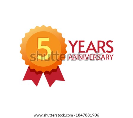 5 years anniversary icon badge vector flat symbol, 5th number on modern golden rosette award design, five birthday party trendy symbol clipart design
