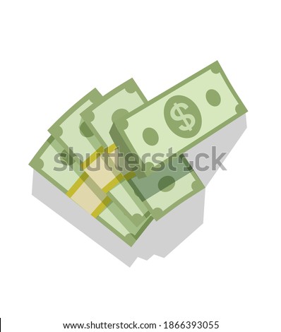 Money stack vector top view flat cartoon illustration or cash pile paper bundle, dollar currency bindle from above clipart isolated on white background, idea of wages or salary earnings