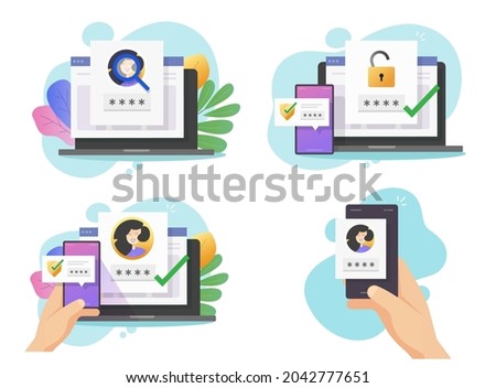 Authentic secure password verification via two factor and face id identification on cell phone and computer vector flat cartoon, 2fa security protection access, 2 step authentication, internet safety