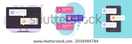 Chat text messages online notices via cell phone and computer screen or chatting bubble speeches balloons notifications isolated on laptop and smartphone vector flat cartoon modern illustration