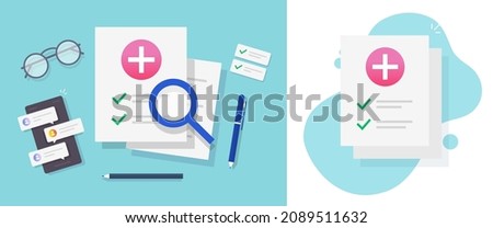 Research of medical health check up results report on work desk table flat lay vector or medicine healthcare insurance paper list cartoon illustration, analyzing patient diagnose history card