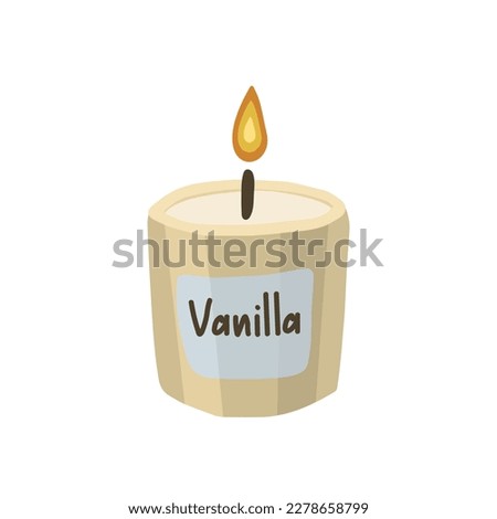 A burning candle with vanilla smell  in a glass on a white background is isolated. Hand drawn style