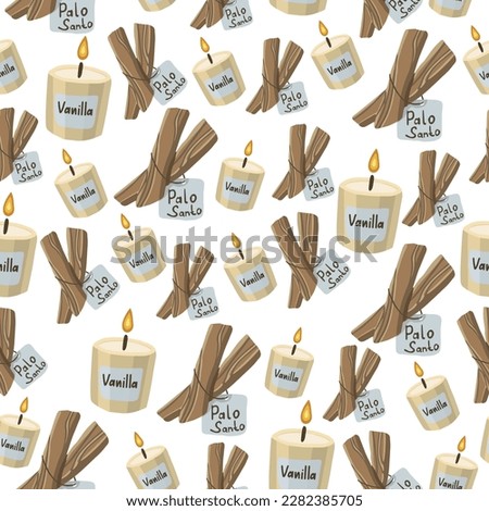 Pattern with sticks of palo santo with a candle with the text vanilla