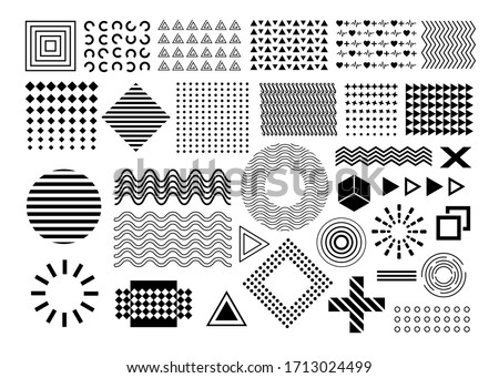 Vector memphis, set of abstract geometric shapes, ornamental shapes, waves, seamless patterns, geometric shapes, design elements, in black color isolated on white background