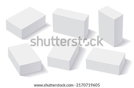 Rectangle white boxes, 3D rendering with shadows. Box set for packaging and branding design, mockup boxes in different position.