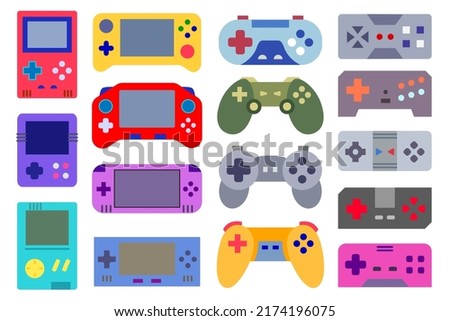 Video game gadgets set. Collection of colorful portable handheld video game consoles and wireless game controllers. Red, yellow, blue, purple flat vector illustrations, isolated on white background,