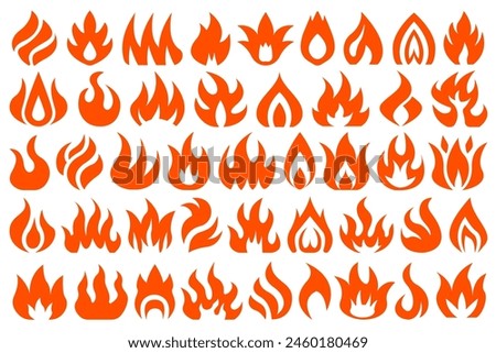 Hot burning red orange fire set. Collection of flat flaming fire design elements. Flame illustration set for logo, icon, design element for your projects.