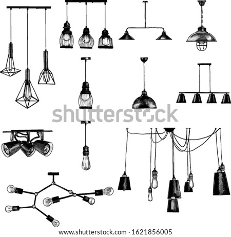 set of modern loft style ceiling lights, sketch vector graphics monochrome illustration on white background