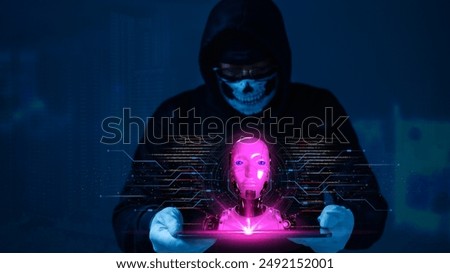 Similar – Image, Stock Photo Cyber security threat. Young woman using computer and coding. Internet and network security. Stealing private information. Person using technology to steal password and private data