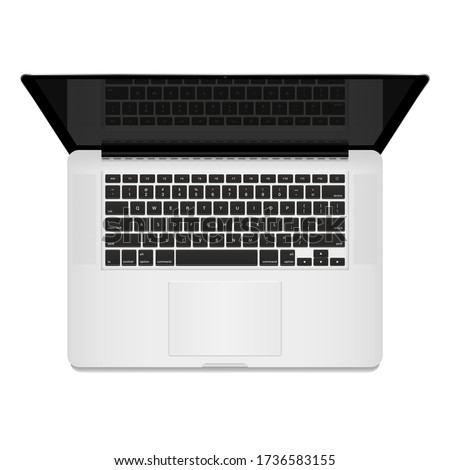 Realistic Silver Laptop Computer. Top down view, Keyboard, reflection on the screen. Laptop isolated on white background. Vector Illustration EPS 10