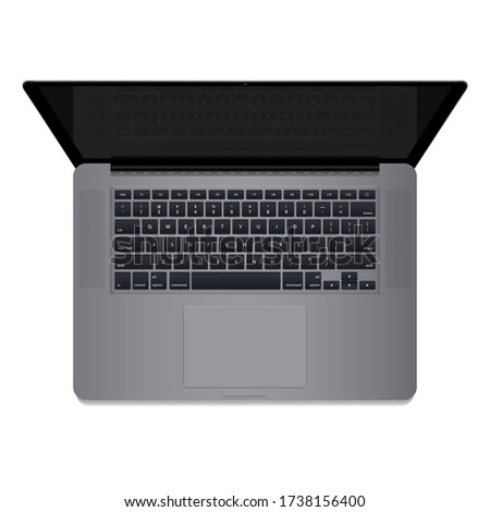 Realistic Space Gray Laptop Computer, Top down view, Keyboard, reflection on the screen. Laptop  isolated on white background. Vector Illustration EPS 10