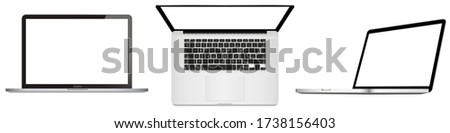 Realistic set Space Gray Laptop Computer, Top down view,side view end Mock up, Keyboard, with an empty screen. Set Laptop isolated on white background. Vector Illustration EPS 10