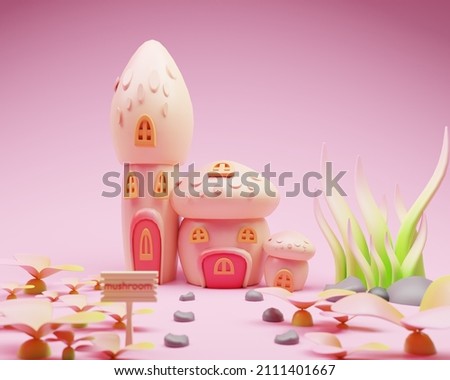 mushroom houses 3d rendering sweet and happy valentine day.