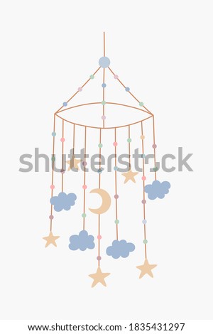 Scandinavian hanging baby toy, mobile for crib new born. Hand drawn vector element for nursery decoration, baby shower, birthday, children's party, poster, invitation, postcard, kids clothes
