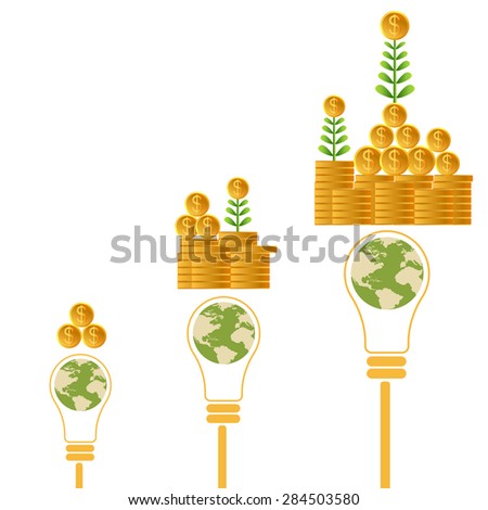 Idea and Money. Business growing money concept. Plant growing on the pile of money. Concept of global trade. Vector illustration