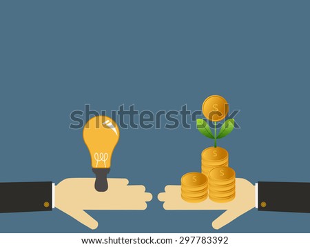 Lamp and money on hand. Success money idea. Business growing money concept. Vector illustration
