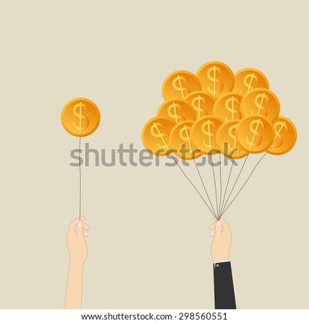 Business growing money concept. Businessman holding Dollar money balloons. Success business. Vector illustration