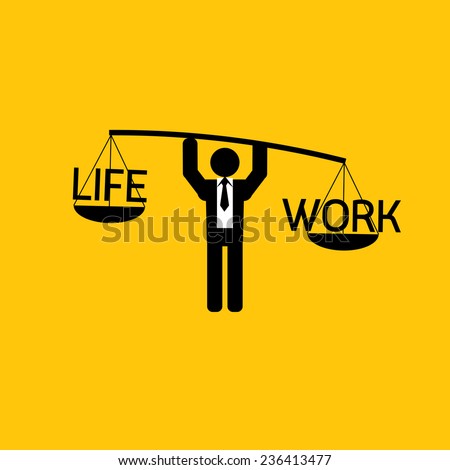 Work and life icon : businessman carry work more than life and work : business concept on yellow background