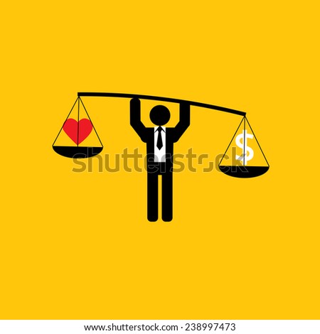 heart and money icon: businessman carry money more than heart: business concept on yellow background vector