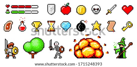 Set of minimalistic pixel art vector objects isolated. Pixel game buttons. 8 bit UI gaming bar notation. Video-game pixel magic items, digital pixelated lives bar. Heroes and retro icons used in games