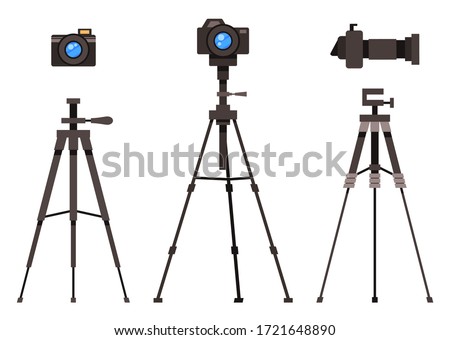 Set of isolated flat design modern professional studio flash light removable lens photocameras with tripod, user instruction digital camera on tripod, professional equipment, isolated on white