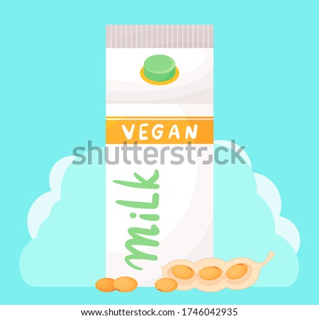 Paper, carton pack, box with plastic cap. Vegan soy milk at turquoise, cloud background. Natural milk product. Illustration in cartoon style. Soybean pods near pack. Organic dairy free product